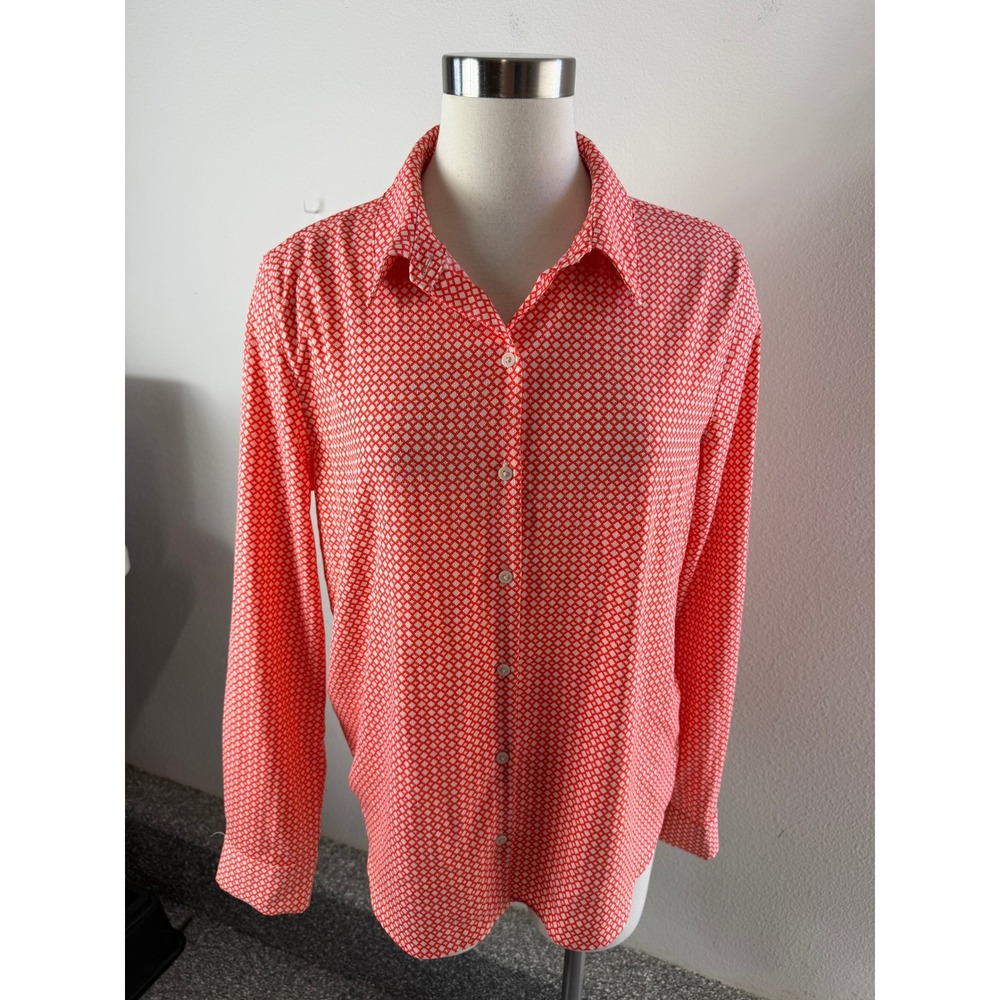 Express Portofino Shirt Womens Medium Orange White Geometric Button Down Blouse